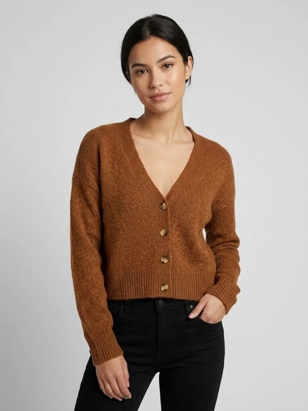 Love Tree Womens Brown Cropped Button-Up Cardigan Sweater Small Polyester Blend